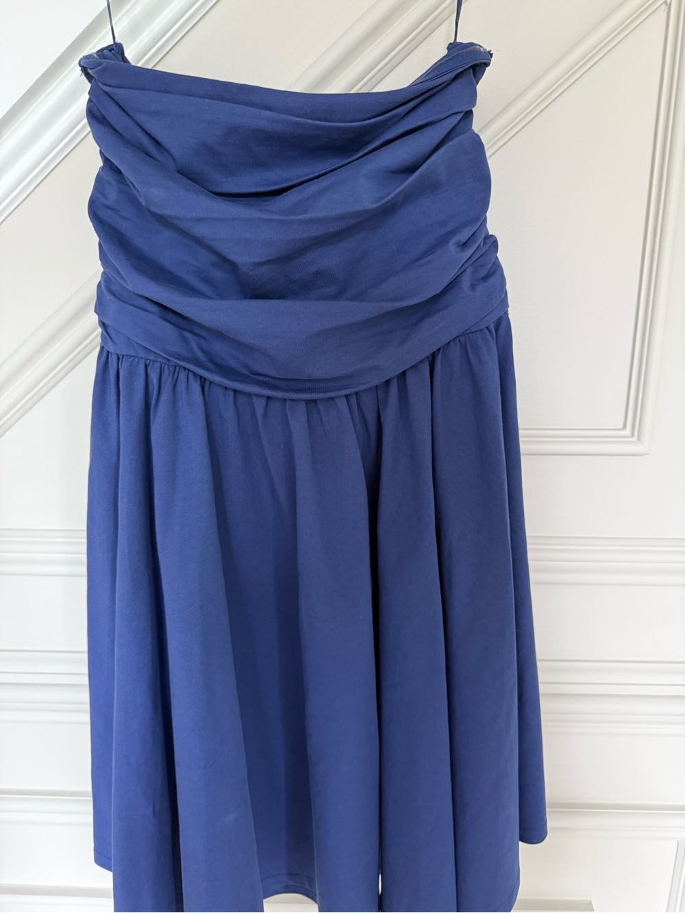 Express Strapless Gathered Bodice Dress in Deep Blue